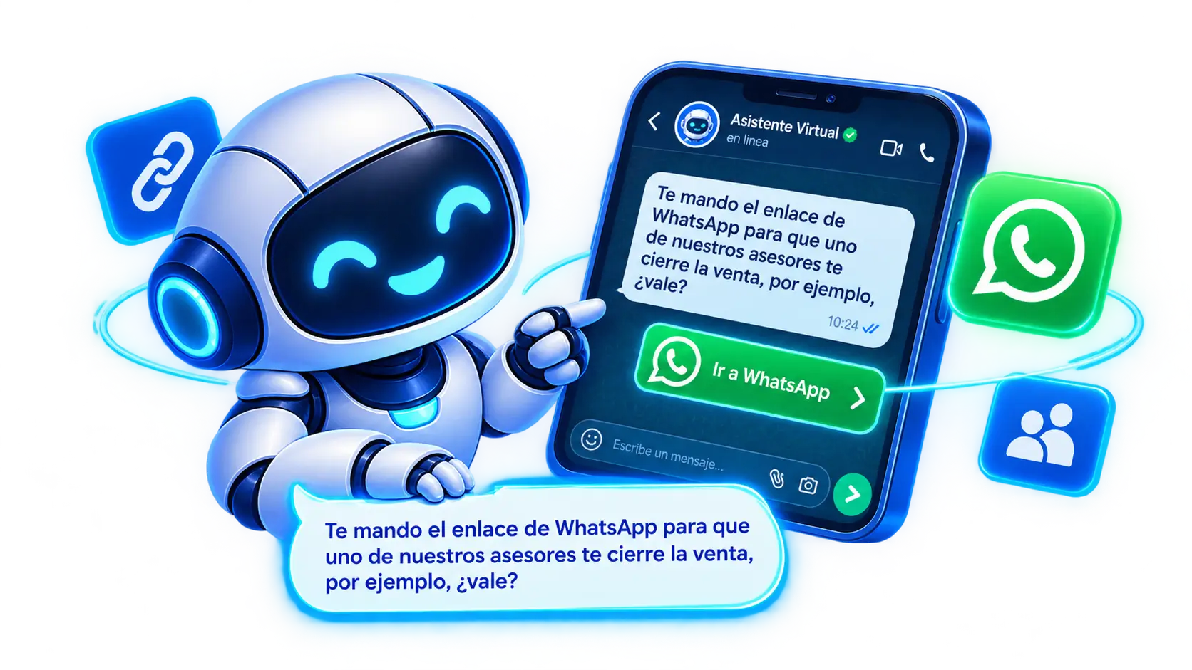 Agente virtual de IA derivando clientes a WhatsApp y checkout